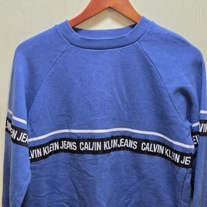 Calvin Klein Jeans Sweatshirt Mens Small Blue Crewneck Logo Tape Fleece Pullover